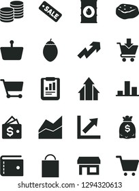 Solid Black Vector Icon Set - paper bag vector, purse, growth up, line chart, put in cart, coins, piece of meat, tamarillo, oil, stall, shopping basket, statistical report, dollars, season sale