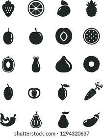 Solid Black Vector Icon Set - chili vector, strawberry, plum, rose hip, fig, mulberry, delicious, tasty, passion fruit, lemon, yellow, juicy, half of, ripe pineapple, slice, guava, part, tomato