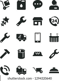 Solid Black Vector Icon Set - repair key vector, building trolley, hammer, speech, smartphone, delivery, 24, phone call, shipment, battery, canister of oil, pipes, steel, kiosk, dispatcher, Express