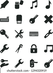 Solid Black Vector Icon Set - repair key vector, cross, small tools, adjustable wrench, door knob, lock, music, steel, text highlighter, keyboard, usb flash, note, arm with