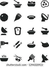 Solid Black Vector Icon Set - deep plate with a spoon vector, plates and spoons, spaghetti, noodles, bowl of buckwheat porridge, rice, hot, lettuce in, chicken, grill leg, chop, meat on skewers