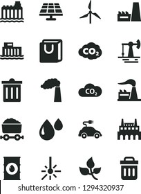 Solid Black Vector Icon Set - bin vector, bag with handles, solar panel, working oil derrick, leaves, windmill, manufacture, factory, hydroelectric station, hydroelectricity, thermal power plant
