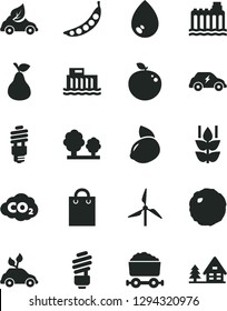Solid Black Vector Icon Set - saving light bulb vector, drop, cabbage, pear, mint, yellow lemon, delicious apple, peas, windmill, hydroelectric station, hydroelectricity, trees, energy, eco car, bag