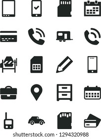 Solid Black Vector Icon Set - calendar vector, bank card, toy phone, concrete mixer, smartphone, nightstand, call, retro car, SIM, location, portfolio, pencil, tablet pc, sd, camper, registration