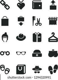 Solid Black Vector Icon Set - paper bag vector, purse, spectacles, hat, with glasses, accessories for a hairstyle, shoes little children, winter, warm, handles, folded shirt, hanger, cloth industry