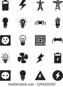 Solid Black Vector Icon Set - lightning vector, danger of electricity, bulb, fan screw, charge level, charging battery, light, power line, pole, socket, energy saving, processor, resistor