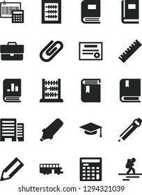 Solid Black Vector Icon Set - briefcase vector, graphite pencil, yardstick, book, new abacus, e, buildings, calculation, clip, text highlighter, on statistics, engineer calculator, graduate hat, bus