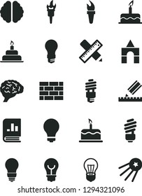 Solid Black Vector Icon Set - matte light bulb vector, box of bricks, cake, birthday, brickwork, saving, writing accessories, drawing, energy, book on statistics, brain, flame torch, first satellite