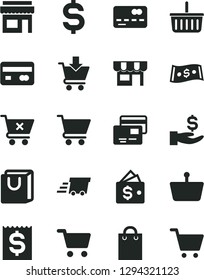 Solid Black Vector Icon Set - grocery basket vector, cart, put in, crossed, bag with handles, cards, kiosk, shopping, reverse side of a bank card, front the, denomination dollar, financial item