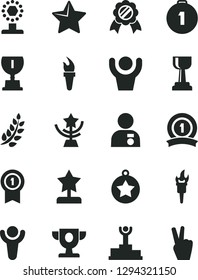 Solid Black Vector Icon Set - star vector, flame torch, winner, laurel branch, podium, prize, award, cup, gold, reward, man with medal, first place, pennant, ribbon, hands up, victory hand