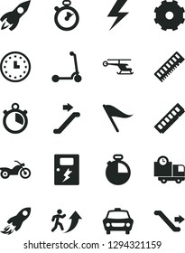 Solid Black Vector Icon Set - truck lorry vector, lightning, wind direction indicator, child Kick scooter, dangers, timer, car, delivery, rocket, space, wall watch, memory, stopwatch, man arrow up