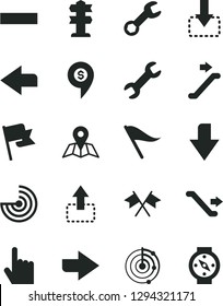 Solid Black Vector Icon Set - downward direction vector, right, left, wind indicator, minus, index finger, map, flag, move up, down, repair, radar, cross flags, dollar pin, escalator, signpost