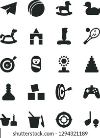 Solid Black Vector Icon Set - paper airplane vector, rubber duck, bath ball, stacking toy, roly poly doll, sand set, children's, rocking horse, small, cubes for children, box of bricks, joystick