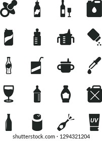 Solid Black Vector Icon Set - dummy vector, mug for feeding, measuring cup, bottle, powder, baby, e, glass, soda can, of, liquor, canister, oil, pipette, wine, champagne, uv cream