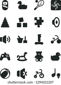 Solid Black Vector Icon Set - loudspeaker vector, rubber duck, baby duckling, bath ball, stacking toy, roly poly doll, sand set, small teddy bear, rocking horse, cubes for children, child bicycle