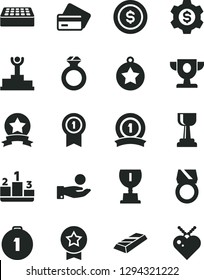 Solid Black Vector Icon Set - brick vector, pedestal, catch a coin, winner podium, prize, award, gold cup, star medal, first place, with pennant, ribbon, diamond ring, bar, dollar, gear, credit card