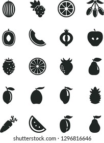 Solid Black Vector Icon Set - carrot vector, orange slice, grape, pear, tasty apple, strawberry, half of medlar, raspberry, melon, mango, loquat, goji berry, delicious plum, ripe, lemon, juicy