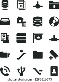 Solid Black Vector Icon Set - add bookmark vector, folder, upload, estimate, big data, server, drawer, phone call, vintage sign, ring diagram, statistical research, scientific publication, usb