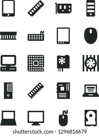 Solid Black Vector Icon Set - laptop vector, monitor, processor, computer, tablet pc, notebook, radiator fan, mouse, keyboard, power supply, tower, motherboard, memory, card, hdd