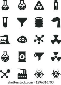 Solid Black Vector Icon Set - round flask vector, manufacture, factory, oil, barrel, industrial building, radiation, carbon dyoxide, filter, water, test tube, molecule, nuclear, biohazard