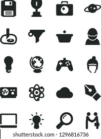 Solid Black Vector Icon Set - winter hat vector, camera, light bulb, racer, pan, water filter, notebook pc, floppy, magnifier, joystick, cloud, atom, globe, oscilloscope, artifical insimination