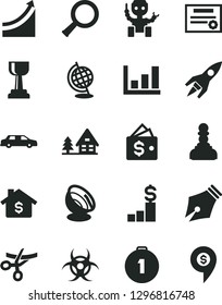 Solid Black Vector Icon Set - zoom vector, biohazard, globe, growth graph, robot, satellite antenna, rocket, patente, ink pen, gold cup, pawn, first place medal, mortgage, dollar pedestal, wallet