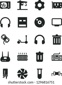 Solid Black Vector Icon Set - bin vector, keyboard, Kick scooter, crane, cogwheel, hawser, electronic boiler, headphones, aluminum radiator, fan, pc card, monitor, usb, router, cd, trash, test tube