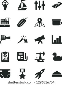 Solid Black Vector Icon Set - negative histogram vector, nappy, rubber duck, children's potty, map, noodles, cone, cucumber, working oil derrick, a crisis, statistical overview, morning paper