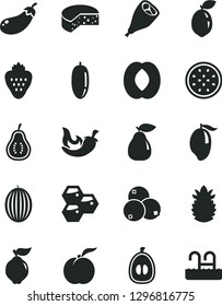 Solid Black Vector Icon Set - cheese vector, grill chicken leg, chili, strawberry, honeycombs, ripe peach, quince, pear, blueberries, melon, mango, half, date fruit, loquat, of passion, sour lime