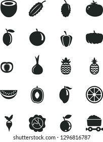 Solid Black Vector Icon Set - tomato vector, a pineapple, squash, blueberry, mulberry, mango, delicious plum, water melon slice, tangerine, lemon, juicy, half of coconut, ripe pepper, onion, radish