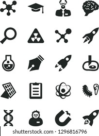 Solid Black Vector Icon Set - horseshoe magnet vector, flask, molecule, atom, nuclear, zoom, dna, brain, bactery, scientist, graduate hat, clipboard, artifical insimination, sun panel, rocket