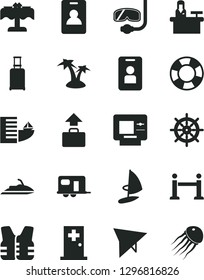 Solid Black Vector Icon Set - camper vector, hang glider, rope barrier, identity card, rolling suitcase, baggage, atm, hotel, palm tree, medical room, restaurant, diving mask, access, receptionist