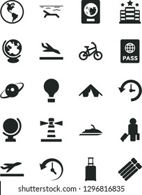 Solid Black Vector Icon Set - globe vector, passport, planet Earth, lighthouse, history, saturn, air balloon, bike, passenger, rolling suitcase, departure, arrival, tent, beach, hotel, jet ski