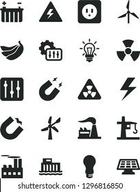 Solid Black Vector Icon Set - lightning vector, danger of electricity, power socket type b, regulator, bananas, windmill, wind energy, factory, battery, light bulb, hydroelectric station, settings