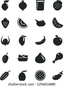 Solid Black Vector Icon Set - lettuce in a plate vector, chicken, leg, jam, strawberry, strawberries, quince, fig, medlar, tasty mulberry, slice of water melon, mango, loquat, tangerine, banana