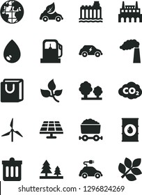 Solid Black Vector Icon Set - dust bin vector, drop, bag with handles, solar panel, leaves, gas station, windmill, manufacture, oil, hydroelectricity, trees, forest, industrial factory, eco car