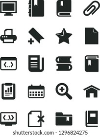 Solid Black Vector Icon Set - monitor window vector, clip, add bookmark, clean sheet of paper, zoom, folder, book, e, books, home, star, notebook, delete page, statistical report, calendar, printer