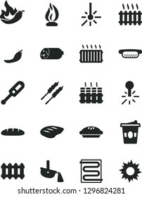 Solid Black Vector Icon Set - electronic thermometer vector e, heating coil, radiator, new, sausage, loaf, mini hot dog, pie, chop, barbecue, coffe to go, red pepper, mercury, outdoor, cast iron