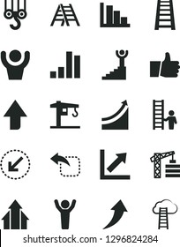 Solid Black Vector Icon Set - upward direction vector, growth chart, positive histogram, crane, tower, winch hook, stepladder, ladder, left bottom arrow, thumb up, move, bar, graph, winner stairway