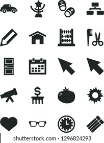Solid Black Vector Icon Set - heart symbol vector, calendar, clock face, accessories for a hairstyle, child shoes, abacus, interroom door, home, flowchart, tomato, retro car, pencil, cursor, glasses
