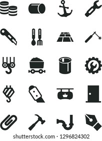 Solid Black Vector Icon Set - iron fork spoons vector, hook, winch, sewerage, ntrance door, gear, knife, stationery, paving slab, hammer with claw, anchor, clip, pipe, pipes, welding, trolley coal