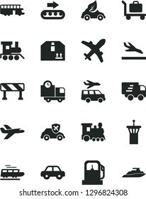 Solid Black Vector Icon Set - motor vehicle vector, baby toy train, traffic signal, delivery, cardboard box, gas station, production conveyor, eco car, autopilot, Express, private plane, bus, yacht
