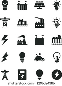 Solid Black Vector Icon Set - lightning vector, matte light bulb, incandescent lamp, dangers, solar panel, factory, accumulator, battery, hydroelectric station, hydroelectricity, power line, pole