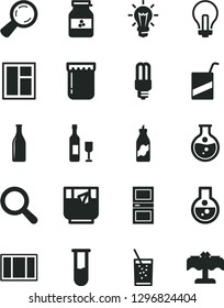 Solid Black Vector Icon Set - incandescent lamp vector, magnifier, e, window, frame, interroom door, a glass of soda, tea, jam, jar, liquor, round flask, mercury light bulb, bottle, test tube, wine