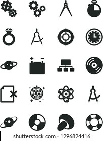 Solid Black Vector Icon Set - clock face vector, timer, CD, delete page, porcini, accumulator, gears, scribed compasses, scheme, ring diagram, atom, drawing compass, saturn, diamond, aim, disco ball