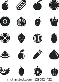 Solid Black Vector Icon Set - Hot Dog vector, chili, peper, carrot, strawberry, ripe peach, half pomegranate, plum, fig, blueberry, mulberry, tasty, water melon, cherry, juicy lemon, guava, slice