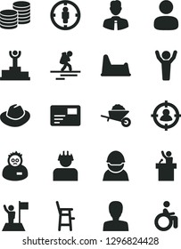 Solid Black Vector Icon Set - woman vector, hat, potty chair, a for feeding child, garden trolley, employee, pass card, coins, racer, builder, man, in sight, goal, scientist, winner podium, hands up