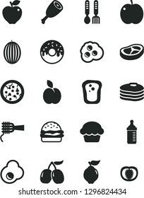 Solid Black Vector Icon Set - measuring bottle for feeding vector, iron fork spoons, pizza, burger, noodles, cake, glazed with a hole, chicken thigh, bacon, fried egg, omelette, apple, pancakes, red