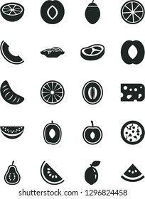 Solid Black Vector Icon Set - piece of cheese vector, pizza, slices onion, bacon, plum, slice melon, water, delicious, half peach, tangerine, cherry, tamarillo, sour lime, orange, lemon, grapefruit
