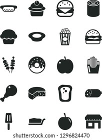 Solid Black Vector Icon Set - sausage vector, cheese, tin, fried vegetables on sticks, mini hot dog, big burger, cake, muffin, slice, glazed with a hole, plate of milk, chicken leg, potato slices